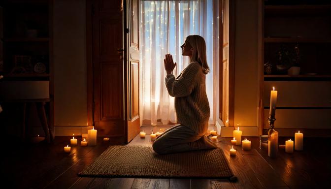 A person kneeling in a quiet, candlelit room, hands open in surrender,