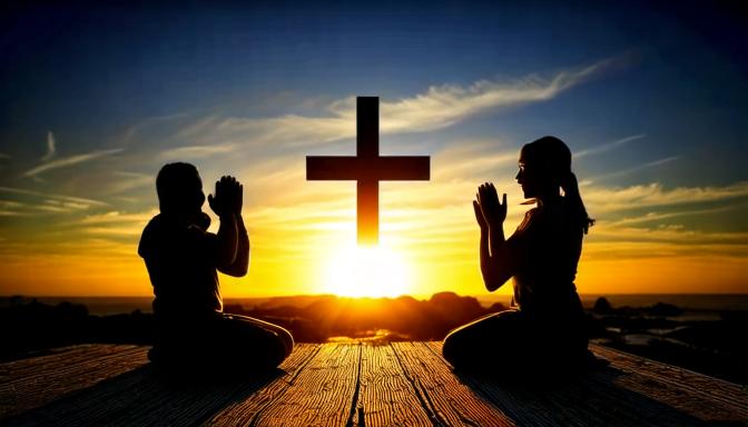 Dark silhouette of people on knees praying, with highlighted cross