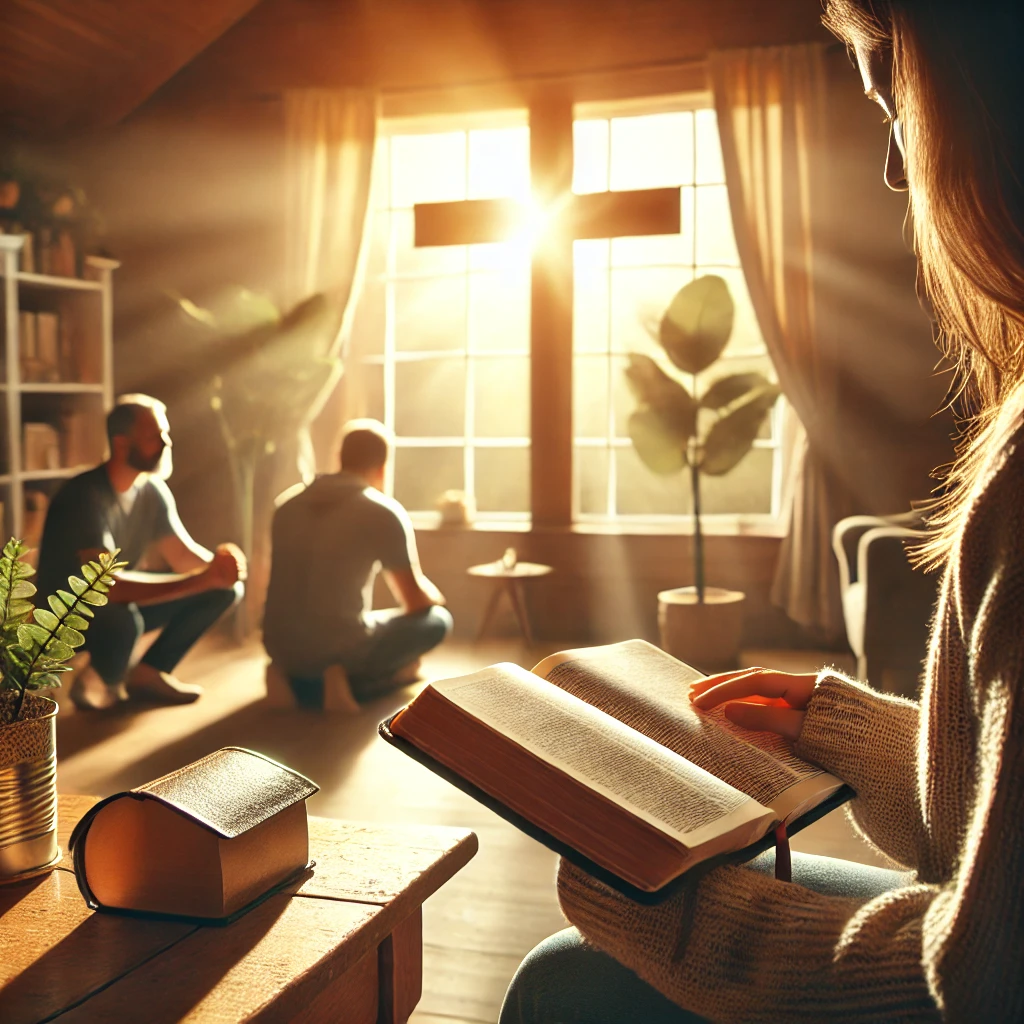 A peaceful home setting where a person is reading the Bible