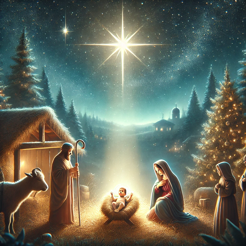 A peaceful nativity scene with a radiant baby Jesus in the manger